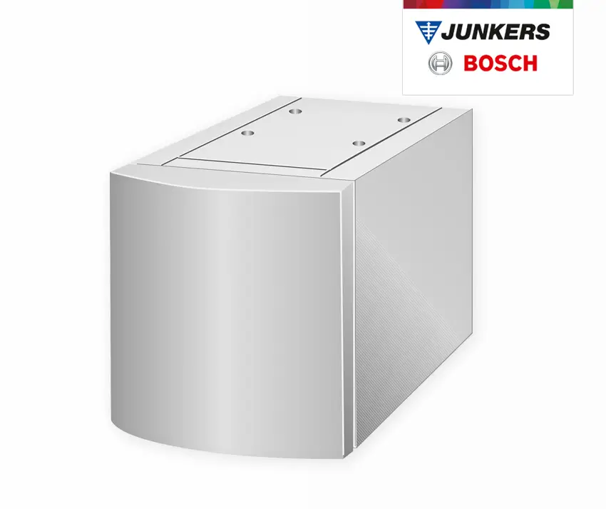 Weißer, liegender Warmwasserspeicher mit abgerundeter Oberseite und mehreren Befestigungslöchern, gefertigt von Bosch.